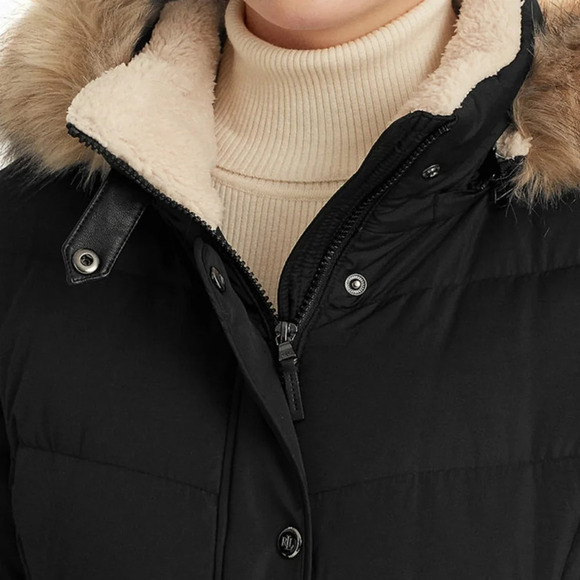 Lauren Ralph Lauren Faux-Fur-Trim Hooded Black Winter Puffer Coat Size Small - Picture 6 of 12